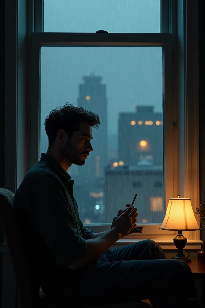 Man hold cigarette in his hand sitting in front of window raining outside lamp light is on thinking about his past lover'eyes