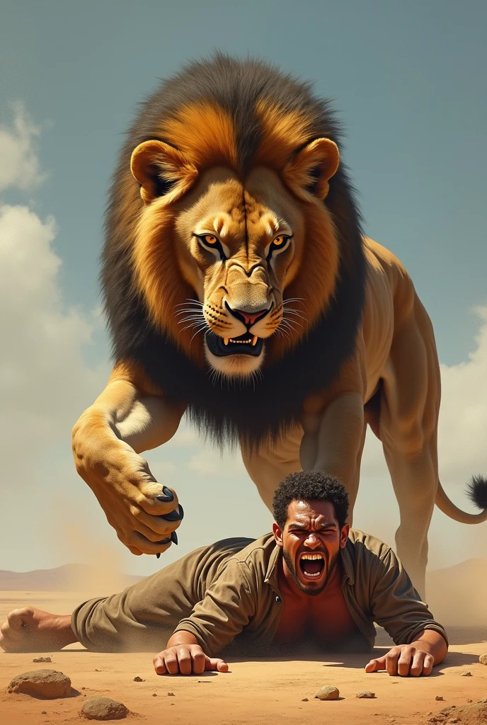 A scared man lying on the ground and a lion above him