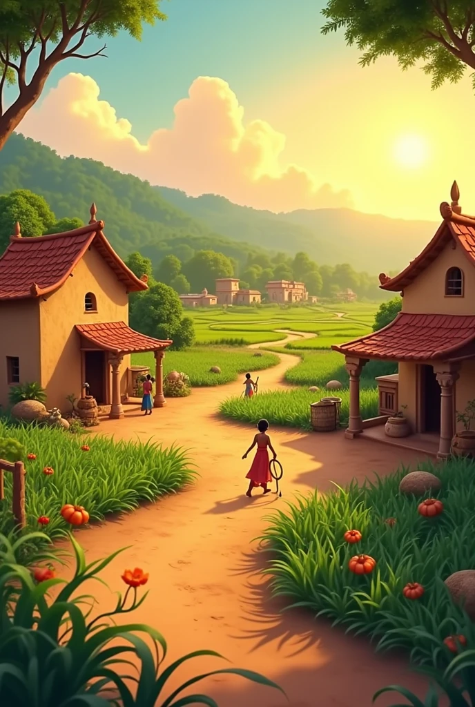 Creat cenematic cartoon style "Scene 1: A small traditional Indian village

Background: A picturesque Indian village with small mud houses, lush green fields, and a distant forest on the horizon. The sky is clear, with a warm, golden glow from the setting sun.