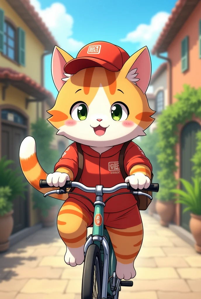 Create an anime-style image of a white and orange cat riding a bicycle and dressed in a food delivery outfit