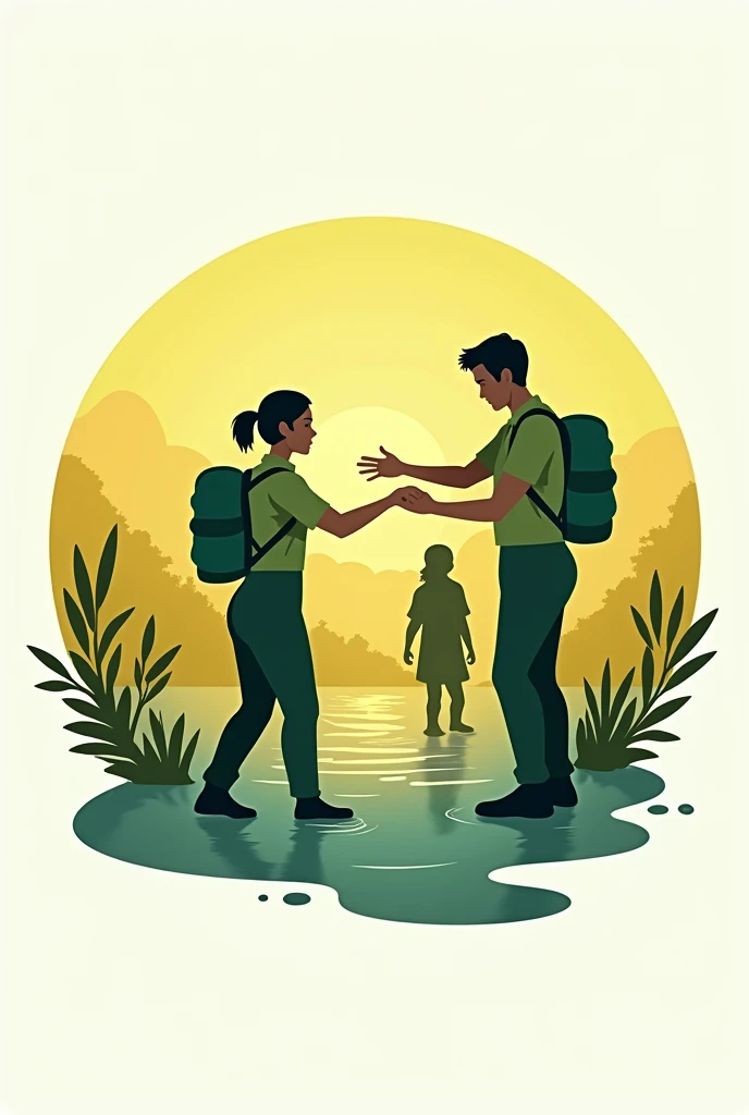 a volunteer team logo, helping theme, vector style, cercle, a volunteer help and rescuing to a flood victim, theme colour should be yellow and green texture, super hd quality