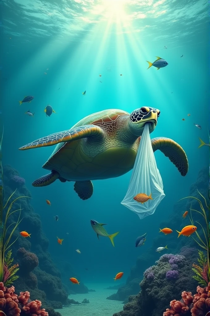 Environmental awareness poster, with a turtle in the ocean that is eating a plastic bag