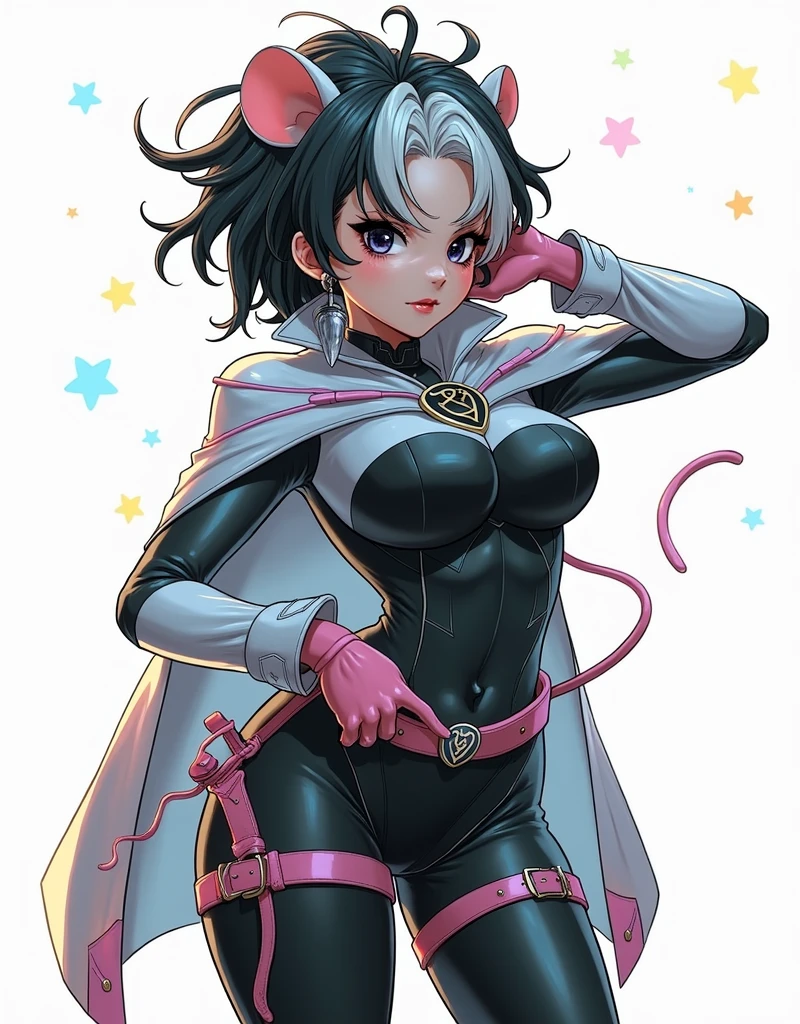 mouse ears girl, small mouse ears, curly hair, semi-white hair, semi-pink hair, disheveled hair, white strands, strands, black eyes, skinny girl, latex white suit, hero suit, pink boots with heels, heels, big boobs, mouse tail, half mouse girl, girl, short curls, white eyelashes, serious face, cutie, tsundere, superhero, city in the background, one hand on the belt, pink gloves up to the elbow, gloves, pale skin, mole near the lip, fiesty girl, frown, seductive angle, standing, pastel colours, city lights, pastel pink, white cloak, beautiful figure, feminine figure, adult girl