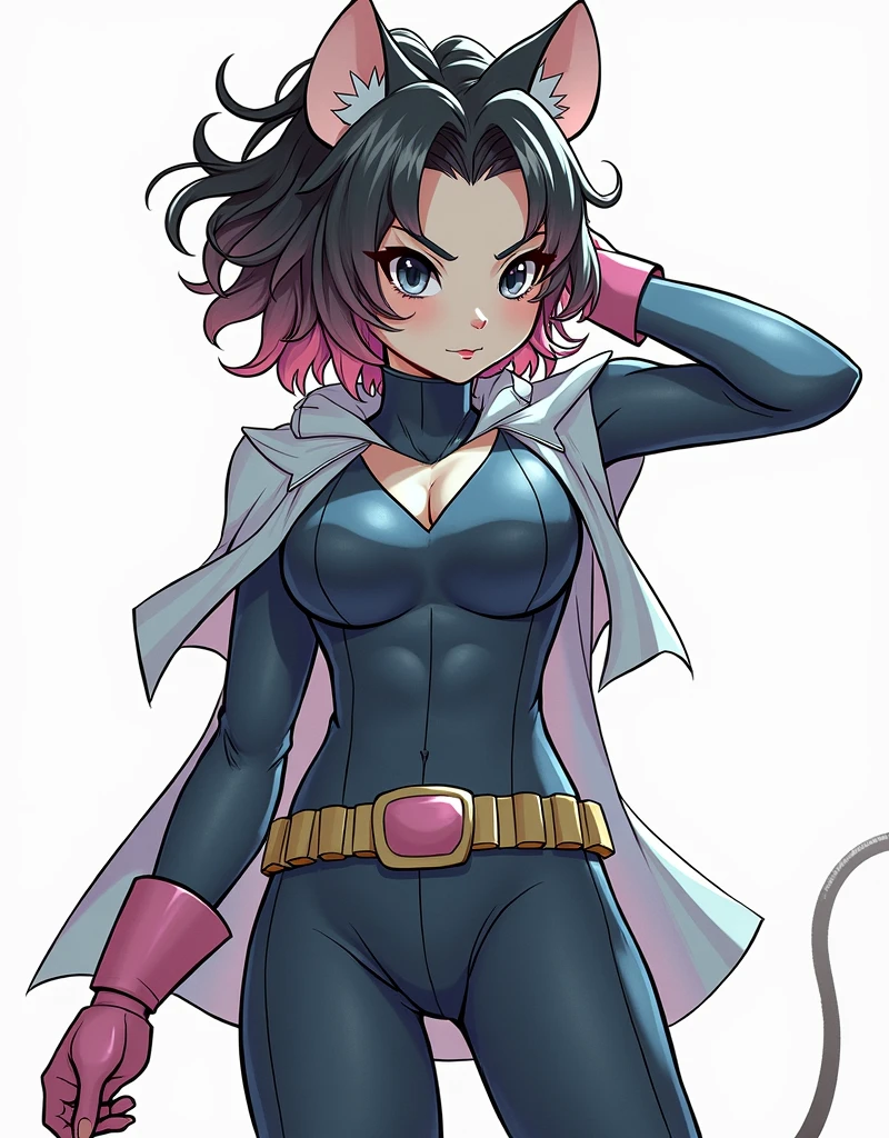 mouse ears girl, small mouse ears, curly hair, semi-white hair, semi-pink hair, disheveled hair, white strands, strands, black eyes, skinny girl, latex white suit, hero suit, pink boots with heels, heels, big boobs, mouse tail, half mouse girl, girl, short curls, white eyelashes, serious face, cutie, tsundere, superhero, city in the background, one hand on the belt, pink gloves up to the elbow, gloves, pale skin, mole near the lip, fiesty girl, frown, seductive angle, standing, pastel colours, city lights, pastel pink, white cloak, beautiful figure, feminine figure, adult girl