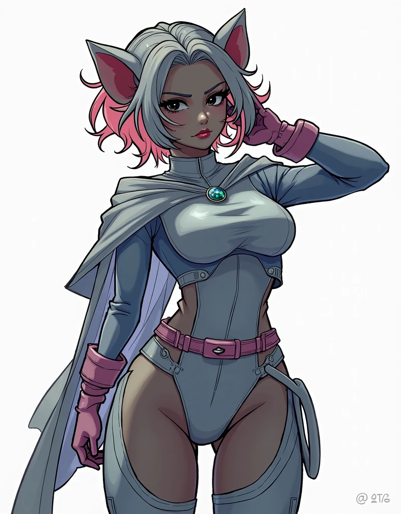 mouse ears girl, small mouse ears, curly hair, semi-white hair, semi-pink hair, disheveled hair, white strands, strands, black eyes, skinny girl, latex white suit, hero suit, pink boots with heels, heels, big boobs, mouse tail, half mouse girl, girl, short curls, white eyelashes, serious face, cutie, tsundere, superhero, city in the background, one hand on the belt, pink gloves up to the elbow, gloves, pale skin, mole near the lip, fiesty girl, frown, seductive angle, standing, pastel colours, city lights, pastel pink, white cloak, beautiful figure, feminine figure, adult girl