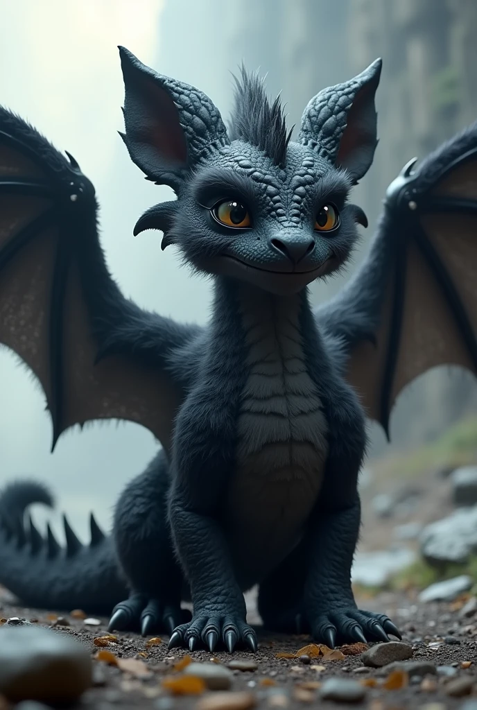 A Black Dragon with Fur on his Wings and Tail and big Fluffy Ears