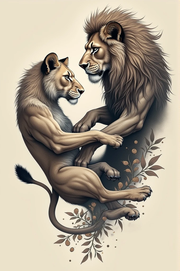 Tattoo of a lioness and a lion, both separated, that are not so realistic but that do have creativity