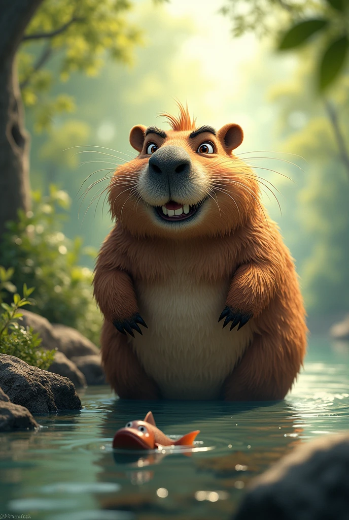 Capybara catching a fish with a fishing face 