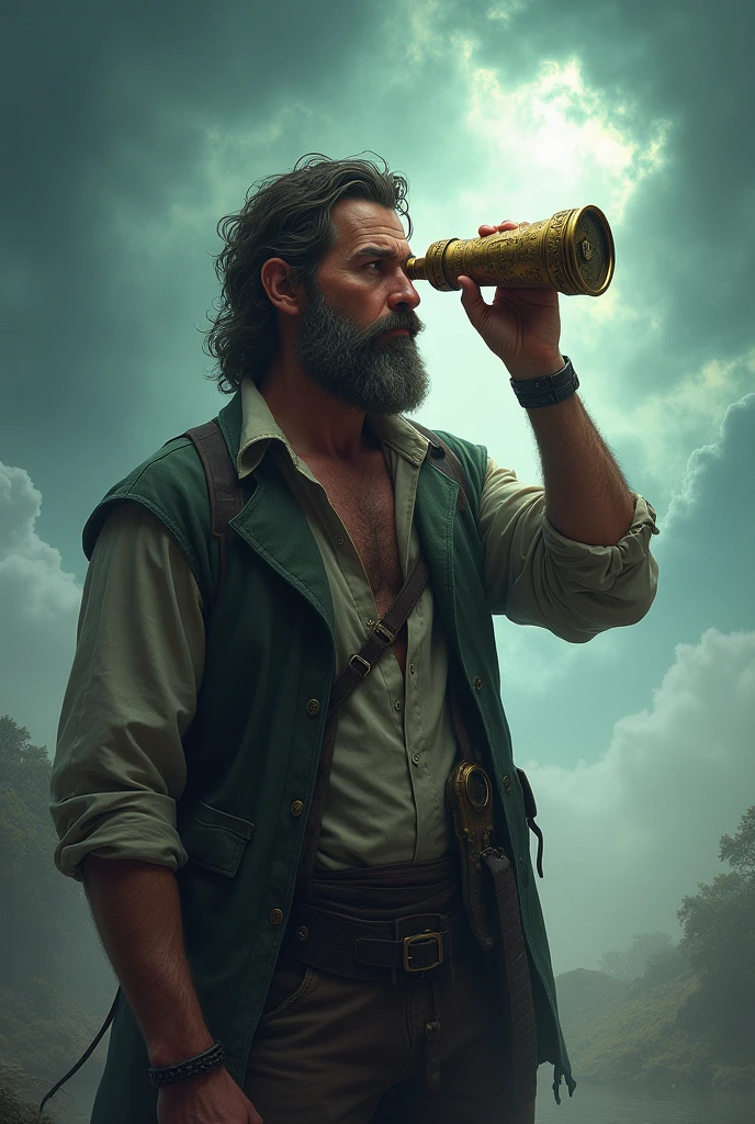 A guy with a spyglass on a very mystical background 