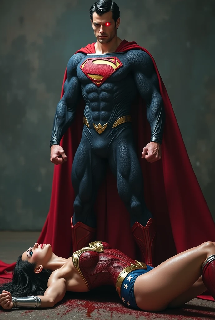 Superman standing with bloody fists and black suite and glowing red eyes, A toned athlete, muscular, blue eyes, black hair Wonder Woman in Wonder Woman’s tiara, red and gold bustier, blue leotard with white stars, ((silver wrist bracelets:1.2)), ((Red knee high boots:1.2)), golden belt with athletic and muscular body laying on the ground unconscious covered in sweat with tattered costumes. (perfect anatomy), (masterpiece:1.2), (best quality:1.2), intricate details, Muted Tone, Delicate, Detail, sharp focus, perfect hands, perfect face, perfect eyes, perfect light, dynamic light, natural light