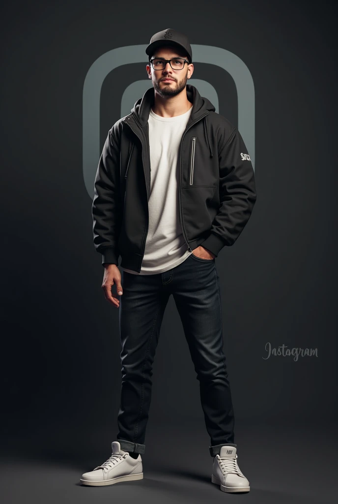 Create a 3d illustration of a character wearing black cap jacket and white t shirt black jeens and white shoes wearing specs and instgram logo in background have beared and it should look like real not like cartoon add specs and make tha background dark boy is 23 year old