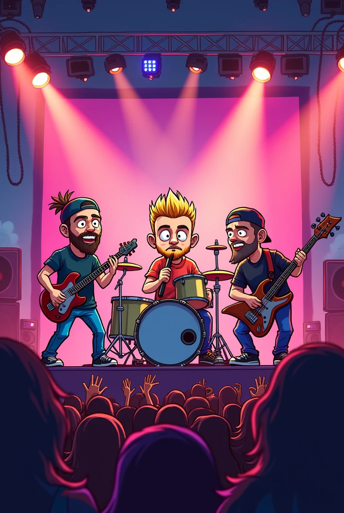 Draw in a cartoon way a music band during a concert with a drummer playing the drums in the middle with a short blond mullet, a guitarist on the left with shaved hair under a cap and a short beard, and a bass' musician on the left with shaved hair and a cap and a beard.