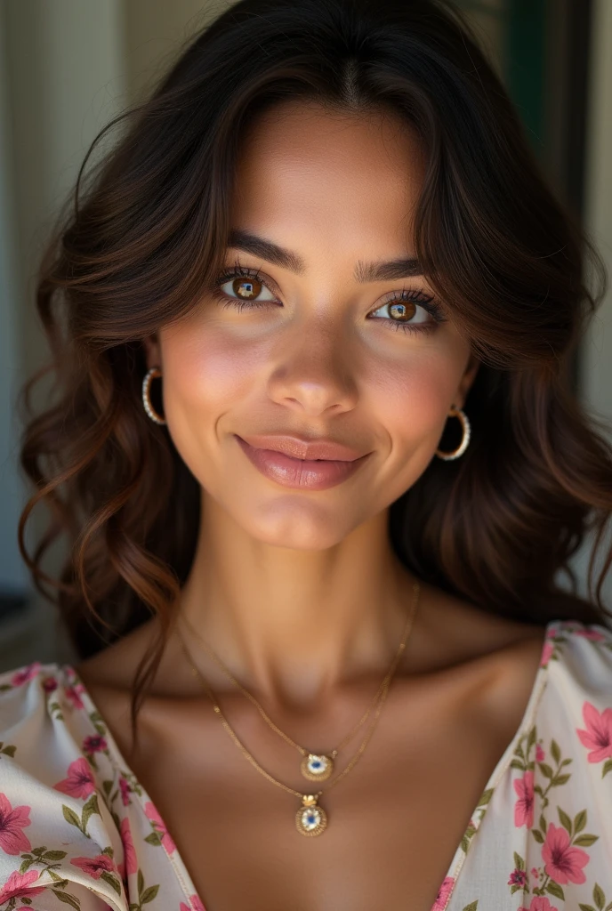 Beautiful Latina woman with a darker skin tone, wearing a light and colorful dress with floral patterns (20 years old, innocent face, naturally wavy hair, brown eyes), upper body selfie, masterpiece, superior quality, ultra-detail. She is facing forward, her hair falling in natural curls around her face, framing her large brown eyes that shine with curiosity. Her smile is sweet and sincere, with her mouth closed, no teeth showing. No background, focus on her. The photo is taken in portrait mode, capturing every detail with exceptional sharpness. She also wears delicate jewelry, such as gold earrings and a thin necklace, adding a touch of elegance to her appearance. Her nails are manicured and painted in a pastel color, completing her refined look. Ensure the skin tone of her face matches the rest of her body. Add natural skin textures and slight imperfections to enhance realism