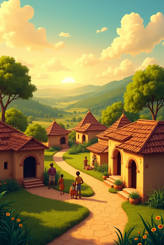 Creat cenematic cartoon style "Scene 1: A small traditional Indian village

Background: A picturesque Indian village with small mud houses, lush green fields, and a distant forest on the horizon. The sky is clear, with a warm, golden glow from the setting sun.