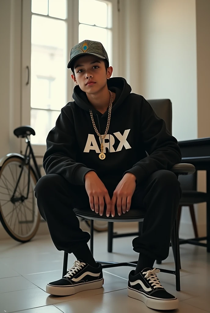 teenager man, Hip hop style head cap with peacock print, black eyes, sitting in a room with white walls with black furniture and bright lights, slave chain with the initial Arx in gold, Loose black sweatshirt with a print in the center written ARX in white, long black pants and Nike Vans-type sneakers, interior, soft light, relaxed pose, in the background a Baker bicycle, realist, warm colors, by Greg Rutkowski, by Alphonse Mucha