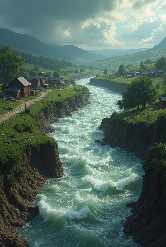 an overflowing river destroying houses and broken soils drawing

