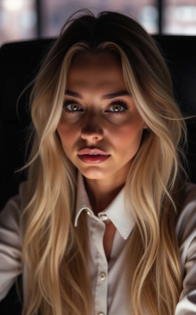 a pretty one with long blonde hair, detailedeyes, nase, and lips, wearing professional clothing, sitting in his office, using your computer, HP computer (best qualityer,4K,8k,high resolution,work of art:1.2),ultra detali,(realisitic,photorealisitic,photo-realisitic:1.37),HDR,studio lighting,extremely detailed face and body, portraite,cinematic lighting,dramatic lighting,warm color tones,dramatic colors