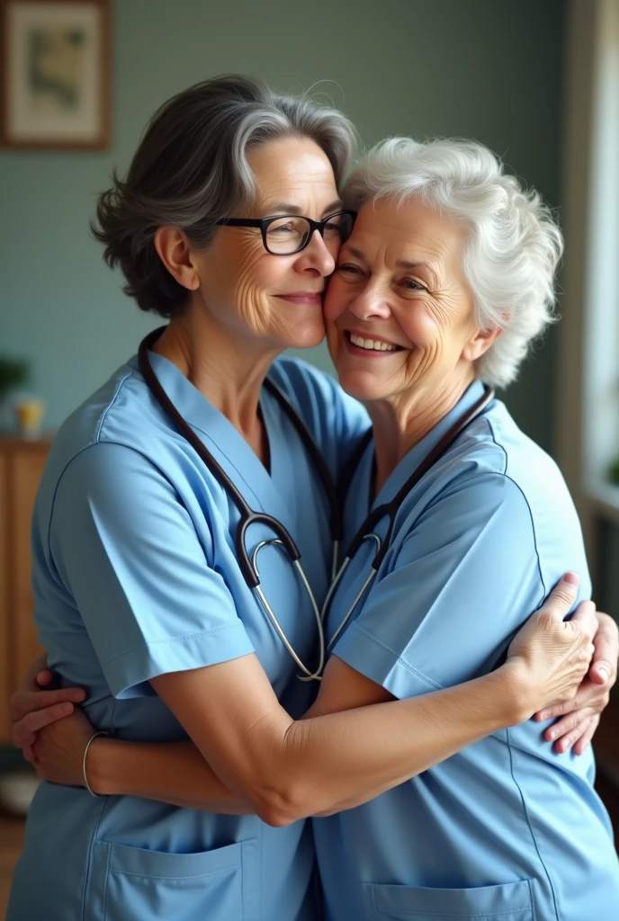 Two 60-year-old nurses, Women, one is wearing glasses and has short dark hair wearing old nursing clothes, the other with short curly light hair wearing nursing clothes hugging in a friendly way