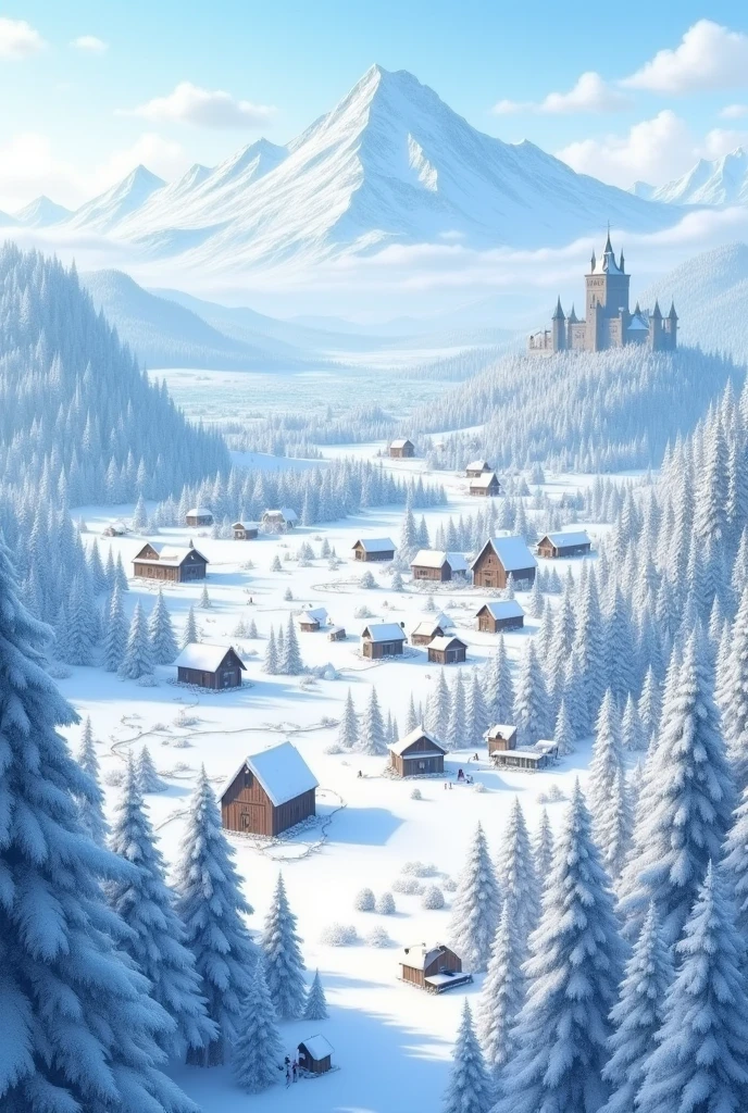 a kingdom of snow shown from above, with several villages and isolated houses, there are many trees covered in snow and a mountain in the distance, with a castle behind her