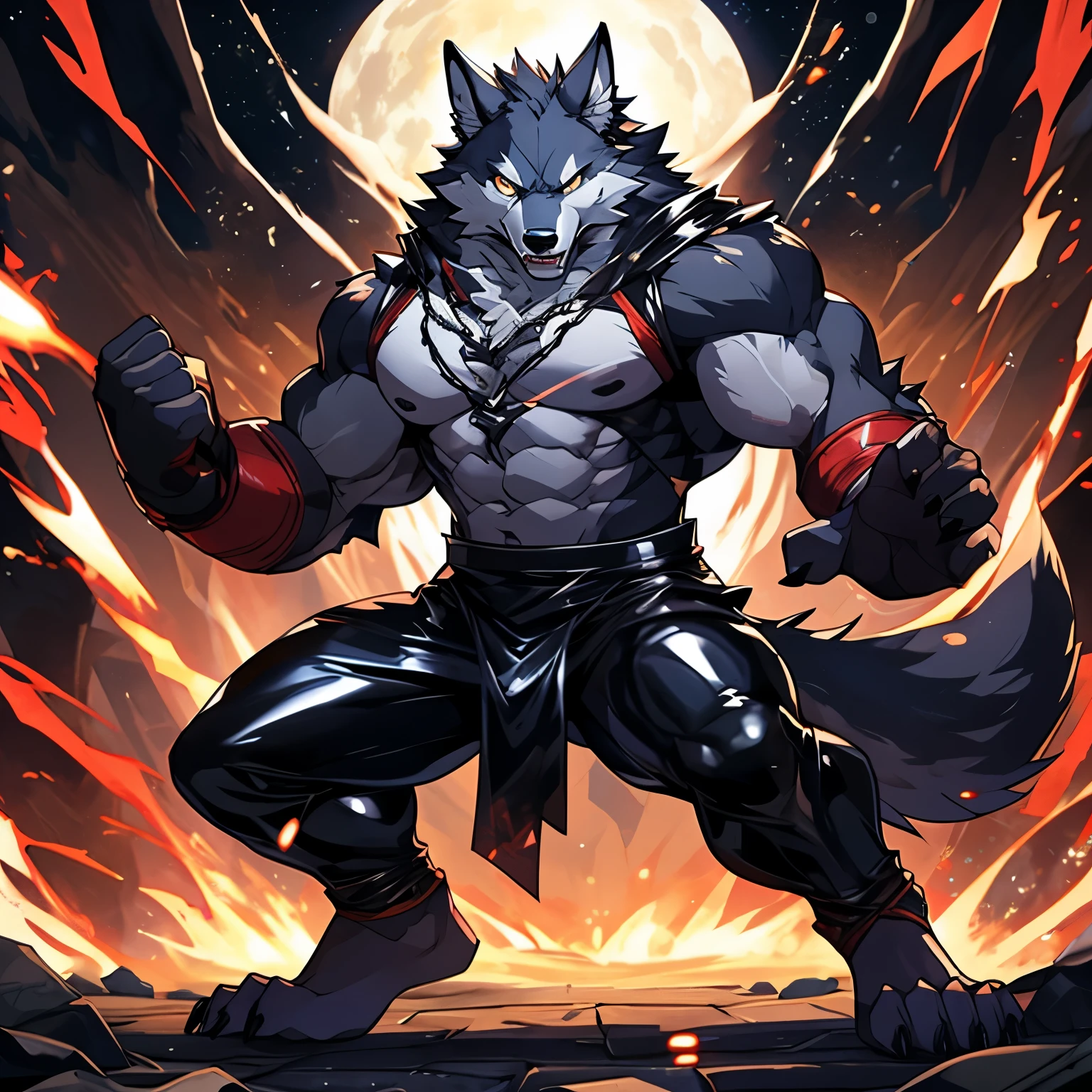A muscular one，Wearing latex，Four arms，Fighting Stance的，werewolf，Full body picture，In battle，Front view，Fighting Stance，In battle，toe，Facial details