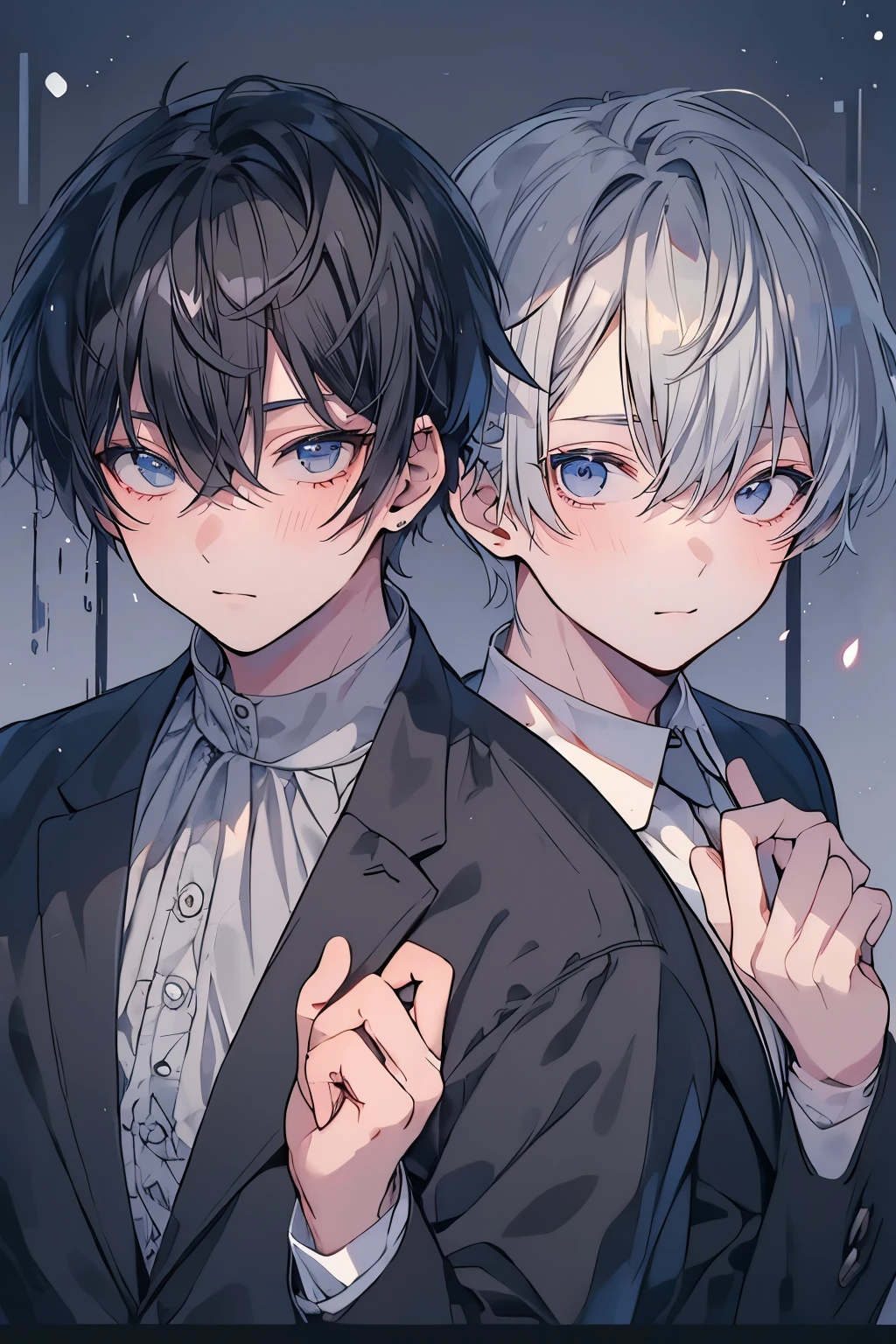 (Mastepiece)、(Best Quality)、Very detailed、((Two friendly men:1.4))、Perfect Face、Beautiful Face、Very detailed顔、(Black-haired man:1.3)、(Grey-haired man:1.3)、shirt、suit