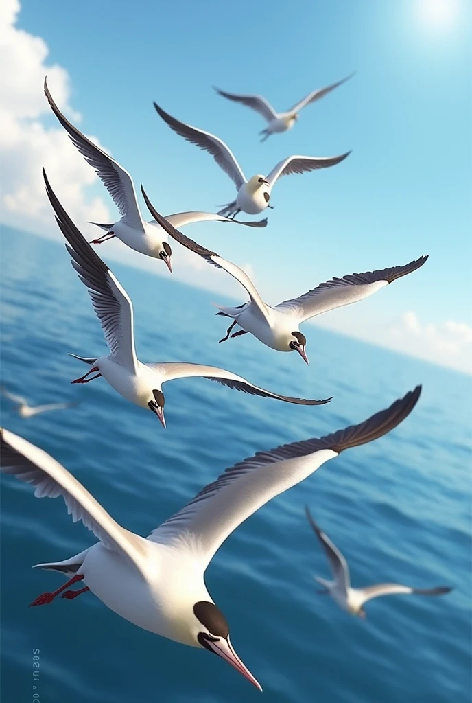 Several gannets flying in a group