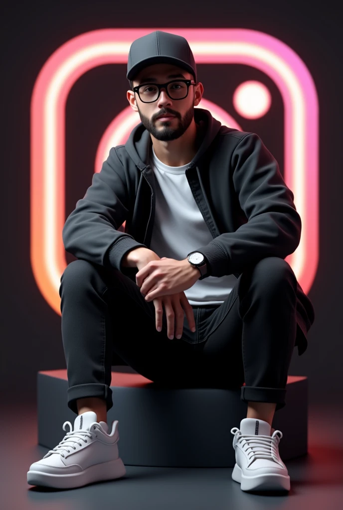 Create a 3d illustration of a character wearing black cap jacket and white t shirt black jeens and white shoes wearing specs and instgram logo in background have beared and it should look like real not like cartoon add specs and make tha background dark boy is 23 year old sitting casually