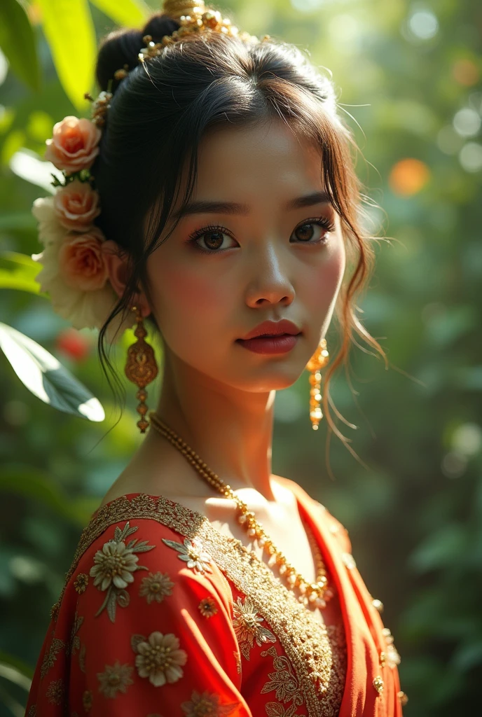 a beautiful thai girl, detailed face, long eyelashes, delicate features, intricate traditional thai dress, ornate jewelry, serene expression, lush tropical foliage, sun-dappled forest, (best quality,4k,8k,highres,masterpiece:1.2),ultra-detailed,(realistic,photorealistic,photo-realistic:1.37),cinematic lighting,vibrant colors,intricate details,elegant composition