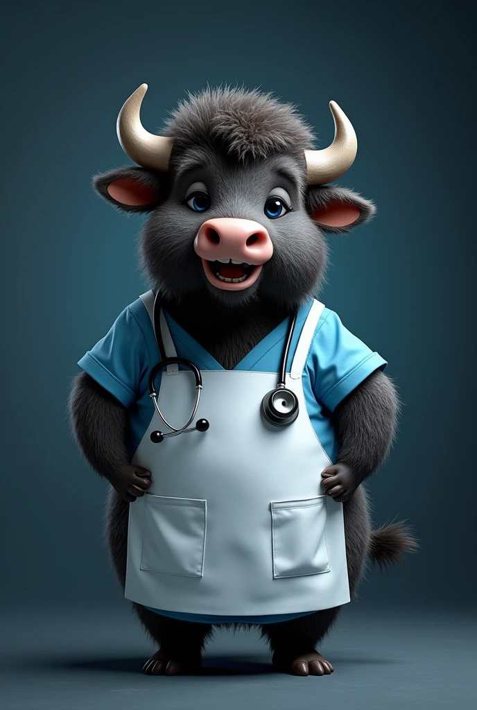 A buffalo with stethoscope, bearing white and blue apron . Fatty and cute appearance.
Black and cool catchy colour .
Dark black