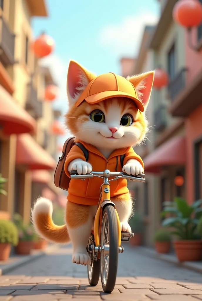 Create a 3D style image of a white and orange cat riding a bicycle and dressed in a food delivery outfit