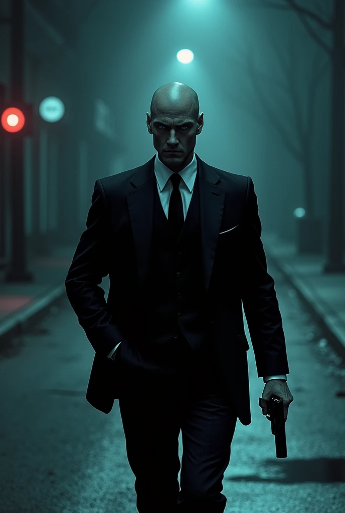 Bald Men, with blue yes, dressing a smoking, with a silenced pistol in hand, walking in a quiet and dark street