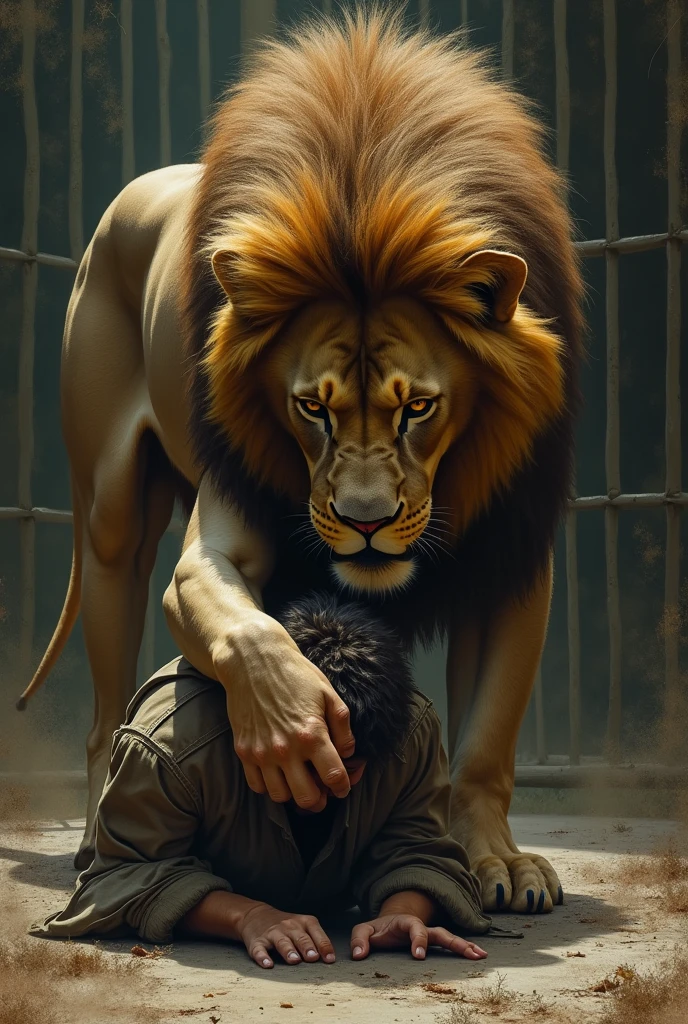 A scared man lying on the ground and a lion above him in the zoo
