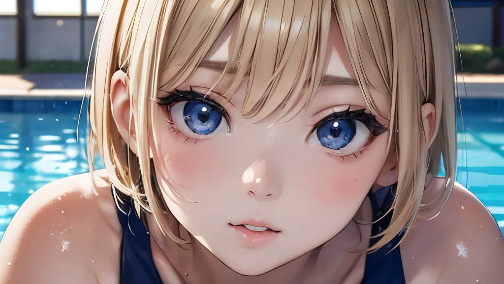 a young japanese girl, navy blue one-piece swimsuit, school swimwear, swimming pool, short blonde hair, large breasts, detailed face, beautiful eyes, beautiful lips, extremely detailed, 4k, 8k, highres, masterpiece, ultra-detailed, realistic, photorealistic, vivid colors, studio lighting, soft lighting, portrait, cute, charming
