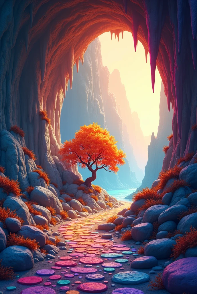 Make me a more colorful animated cave background with a green orange tree outside the cave and a path of brightly colored stones on the floor


