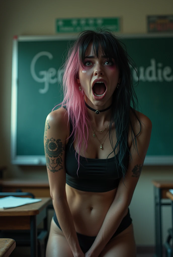 A sexy screaming emo girl looking embarrassed in front of a classroom. A blackboard behind her says "Gender Studies" written in chalk. Holding her crotch in her hands.