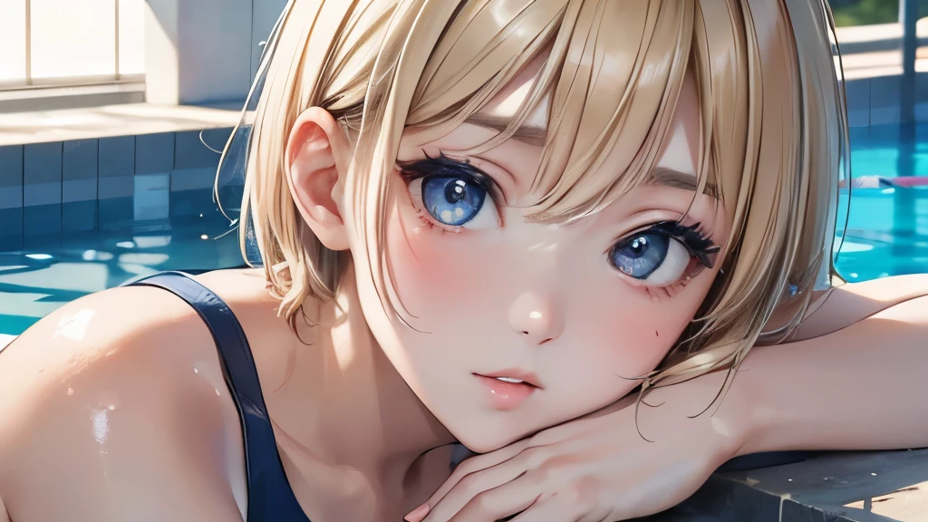 a young japanese girl, navy blue one-piece swimsuit, school swimwear, swimming pool, short blonde hair, large breasts, detailed face, beautiful eyes, beautiful lips, extremely detailed, 4k, 8k, highres, masterpiece, ultra-detailed, realistic, photorealistic, vivid colors, studio lighting, soft lighting, portrait, cute, charming