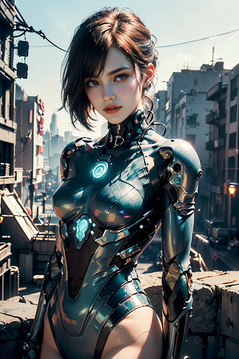 Top Quality, Masterpiece, Ultra High Resolution, ((Photorealistic: 1.4), Raw Photo, 1 cyberpunk Girl, Glossy Skin, 1 Mechanical Girl, (Ultra Realistic Detailechanical limbs, tubes connected to the mechanical parts, mechanical vertebrae attached to the spine, mechanical cervical attachment to the neck, wires and cables connecting to the head, Evangelion, Ghost in the Shell, small glowing LED lamps, global lighting, deep shadows, Octane Rendering, 8K, bloom effect, Ultra Sharp, Metal, Intricate Ornament Details, baroque details, Very intricate details, realistic light, CGSoation trend, facing the camera, neon details, (android manufactory in background), art by H.R. Giger and Alphonse Mucha.