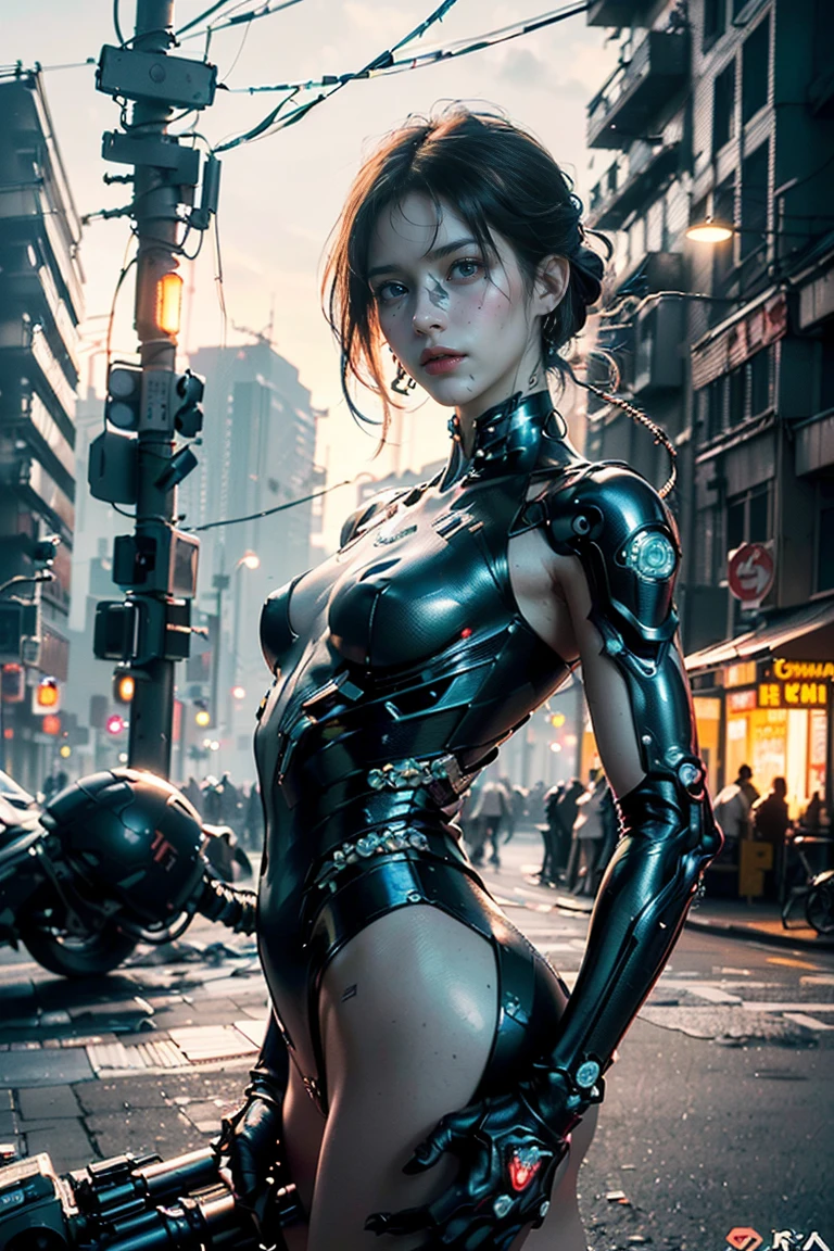Top Quality, Masterpiece, Ultra High Resolution, ((Photorealistic: 1.4), Raw Photo, 1 cyberpunk Girl, Glossy Skin, 1 Mechanical Girl, (Ultra Realistic Detailechanical limbs, tubes connected to the mechanical parts, mechanical vertebrae attached to the spine, mechanical cervical attachment to the neck, wires and cables connecting to the head, Evangelion, Ghost in the Shell, small glowing LED lamps, global lighting, deep shadows, Octane Rendering, 8K, bloom effect, Ultra Sharp, Metal, Intricate Ornament Details, baroque details, Very intricate details, realistic light, CGSoation trend, facing the camera, neon details, (android manufactory in background), art by H.R. Giger and Alphonse Mucha.