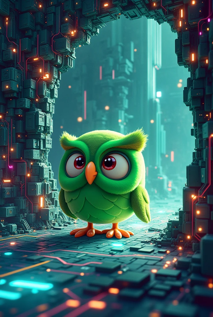 Create a background with an electronic universe in which a cartoon-style green owl travels between portals.

