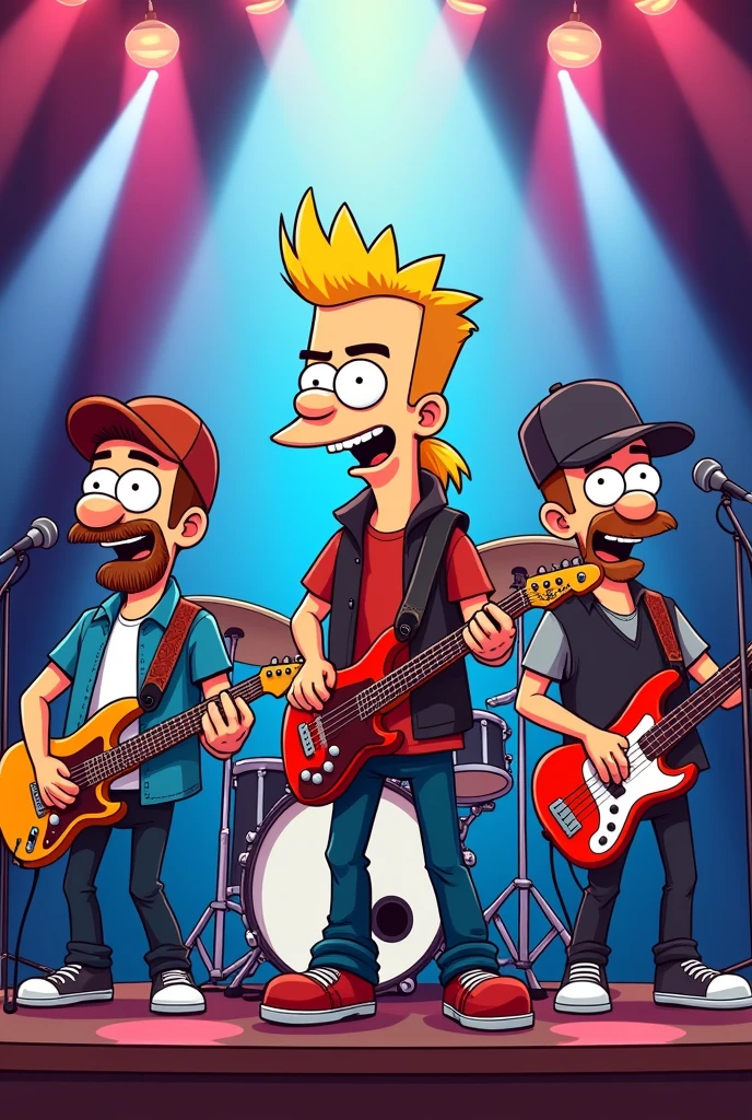 Draw in a cartoon way a music band during a concert with a drummer playing the drums in the middle with a short blond mullet, a guitarist on the left with shaved hair under a cap and a short beard, and a bass' musician on the left with shaved hair and a cap and a short beard.