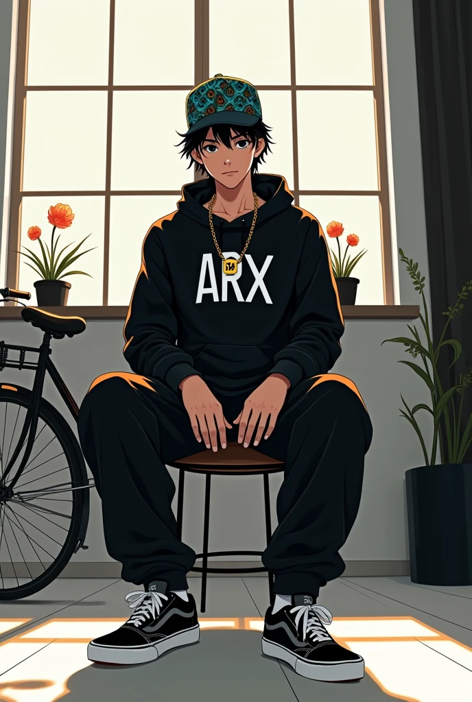 teenager man, Hip hop style head cap with peacock print, black eyes, sitting in a room with white walls with black furniture and bright lights, slave chain with the initial Arx in gold, Loose black sweatshirt with a print in the center written ARX in white, long black pants and Nike Vans-type sneakers, interior, soft light, relaxed pose, in the background a Baker bicycle, anime realist, warm colors, by Greg Rutkowski, by Alphonse Mucha