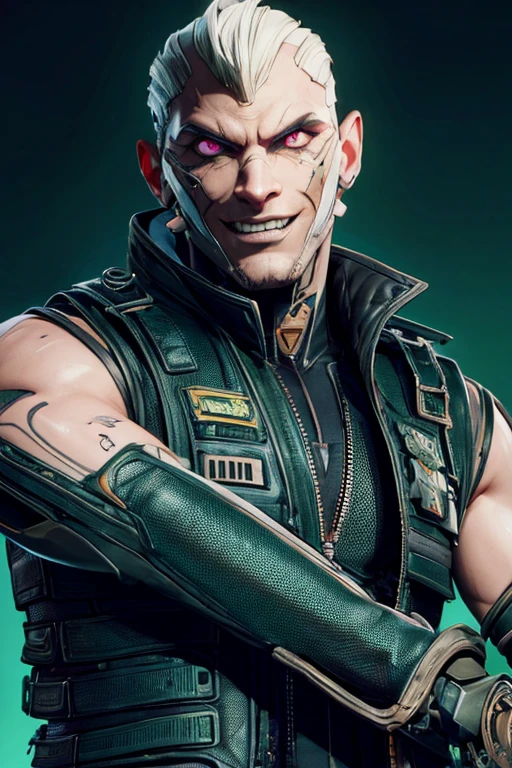 marijuana, fine, in a futuristic city, cyberpunk, with red eyes, muscular arms, muscular legs, doing pose of physicoturista. Laughing.