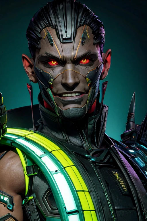 Villain, sci fi male, evil smile, a rat-faced, thin man with lots of scars and cybernetic prosthetics arm, Xtreme, open torn leather vest, dirt on his clothes and face, black outfit,  bold man ,in sewers, dramatic lighting, realistic colors, highres, vivid colors, stunning green toxic sewers landscape background!, 8K image quality, Masterpiece