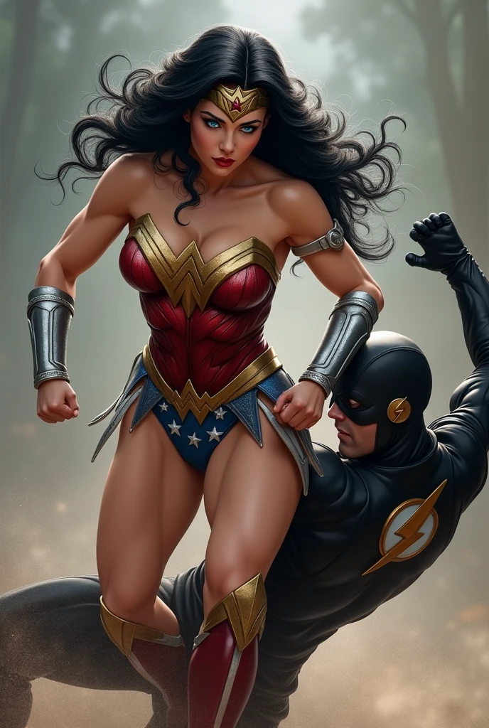 Reverse flash in black costume punching A toned athlete, muscular, blue eyes, black hair Wonder Woman in Wonder Woman’s tiara, red and gold bustier, blue leotard with white stars, ((silver wrist bracelets:1.2)), ((Red knee high boots:1.2)), golden belt with athletic and muscular body. 90's movie poster style.