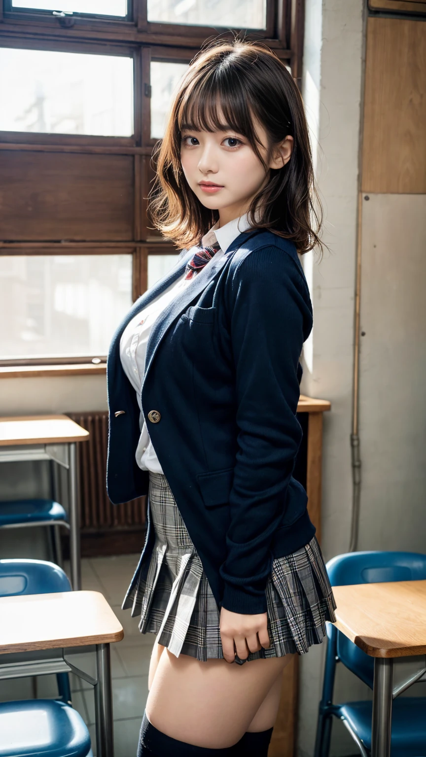 masterpiece, best quality, illustration, Super detailed, fine details, High resolution, 8K,wall paper, perfect dynamic composition,(Details High quality, realistic depiction of eyes:1.3), from side, High School Classroom、High school girl uniform、blazer 、Super Short Check Uniform Skirt、Navy blue high socks、garterbelts、Colossal tits、Disturbed uniform,  short hair, (wavy hair:1.2), short bob hair, black hair color, large breasts, Big Natural Color Lip, acrobatic pose, perfect body shape, crying a little、Harajuku style、20 year old girl、cute type, beautiful legs, hposing Gravure Idol, Voluptuous thighs