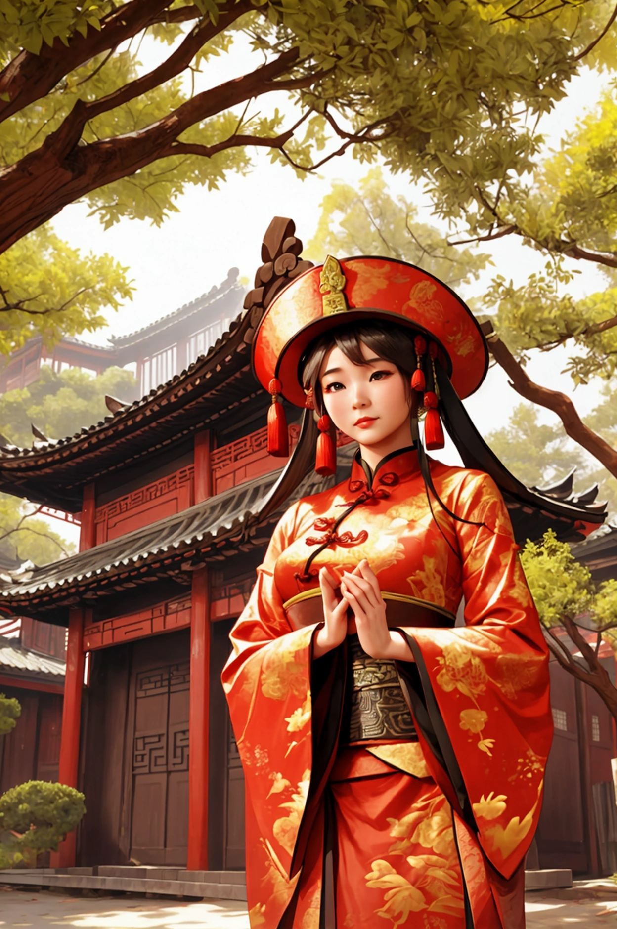 A beautiful young woman is standing in front of a big tree.. Next to the tree is an old Chinese house.. The lady lives in the 70s.. She is from China..