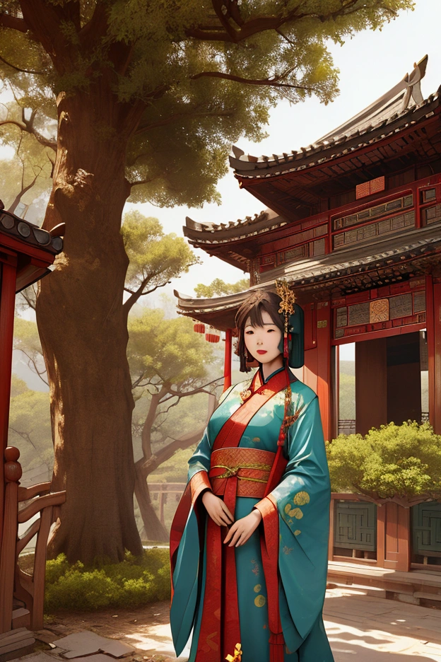 A beautiful young woman is standing in front of a big tree.. Next to the tree is an old Chinese house.. The lady lives in the 70s.. She is from China..