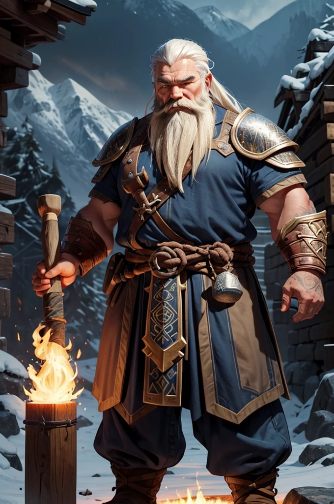 A stout dwarf with white hair and beard, wearing detailed armor with runic symbols, typical of a dwarf craftsman and warrior. He holds a large sledgehammer, highlighting his skill as a craftsman. Ao fundo, a forge lit by the glow of embers, with stone architecture, reminiscent of an ancient cave and mountains in the distance, clothes in shades of blue