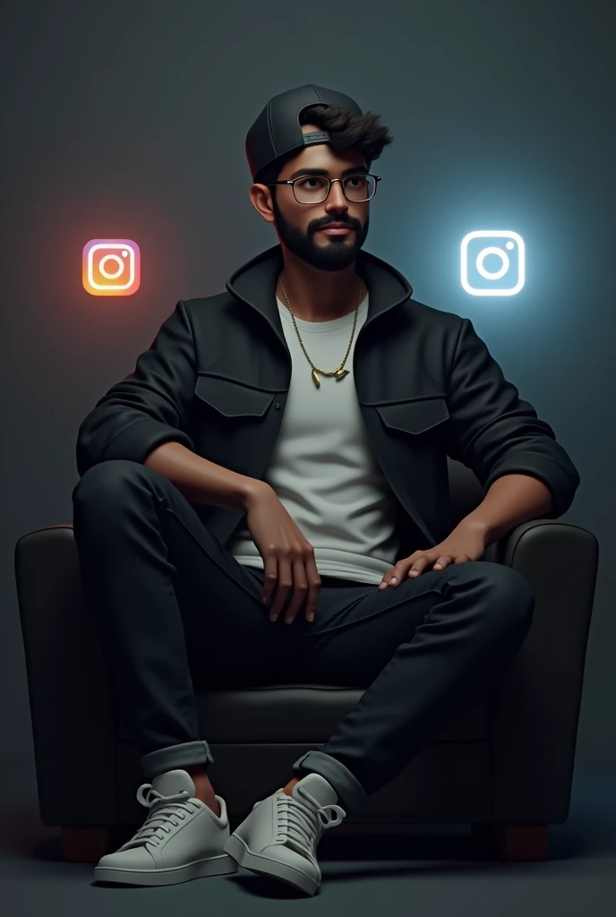 Create a 3d illustration of a character wearing black cap jacket and white t shirt black jeens and white shoes wearing specs and instgram logo in background have beared and it should look like real not like cartoon add specs and make tha background dark boy is 23 year old sitting casually on chair