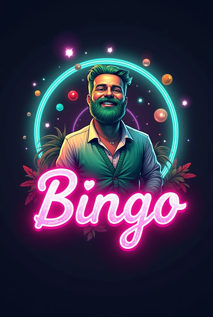 BINGO MASARI CREATES THE LOGO FOR BINGO. MASARI MASARI IN EMERALD GREEN AND THE WORD BINGO IN BRIGHT LAS VEGAS STYLE LIGHTS AND CREATES AN ICON FOR THE LOGO

